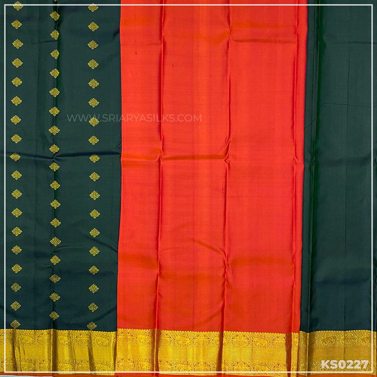 Green Copper Zari Woven Traditional Kanchivaram Silk Saree from Sri Arya Silks, Chennai
