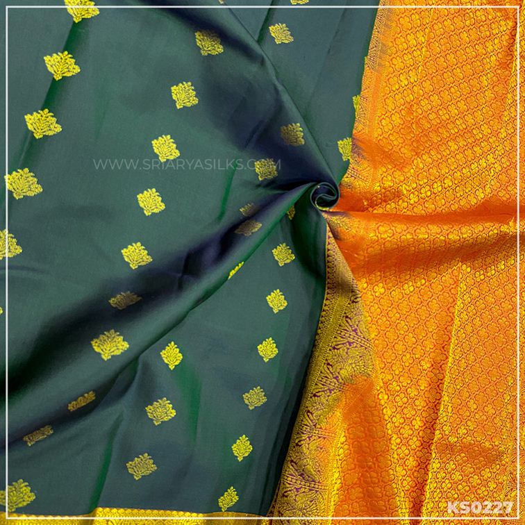 Green Copper Zari Woven Traditional Kanchivaram Silk Saree from Sri Arya Silks, Chennai