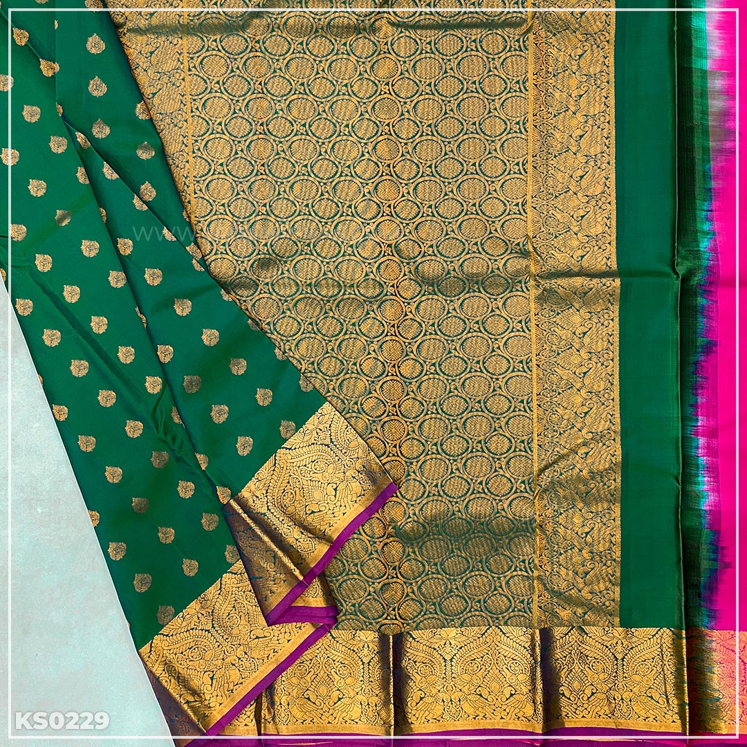 Green Copper Zari Woven Kanchivaram Silk Saree from Sri Arya Silks, Chennai