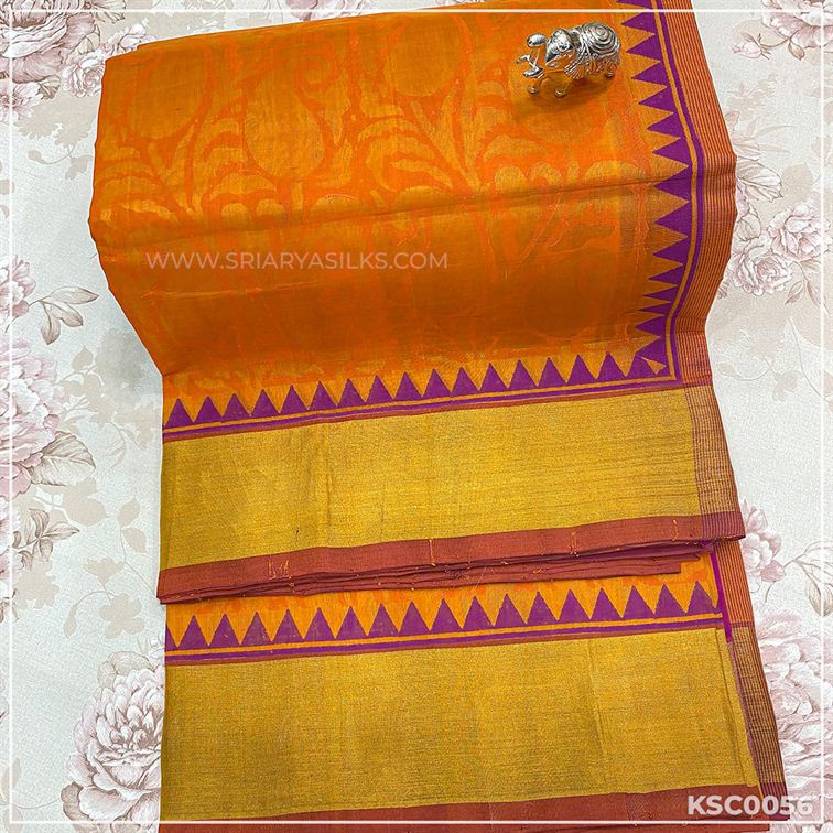 Orange Pure Kanchivaram Handwoven Printed Silk Cotton Saree from Sri Arya Silks, Chennai