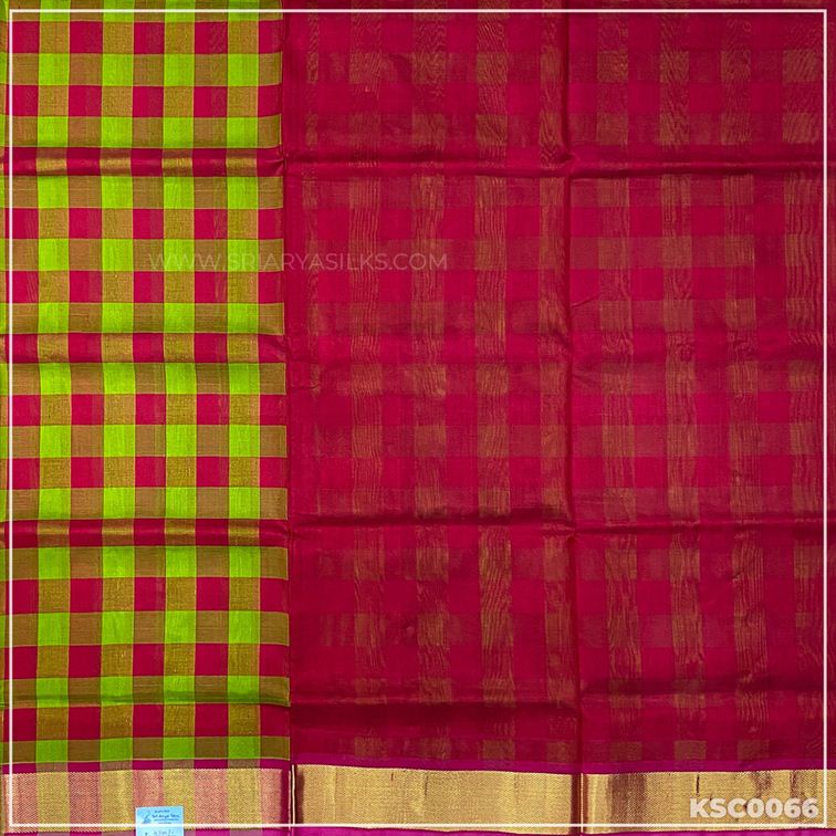 Red and Light Green Checked Kanchivaram Silk Cotton Saree from Sri Arya Silks, Chennai