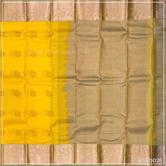 Yellow Grey Kanchivaram Semi Silk Saree from Sri Arya Silks, Chennai
