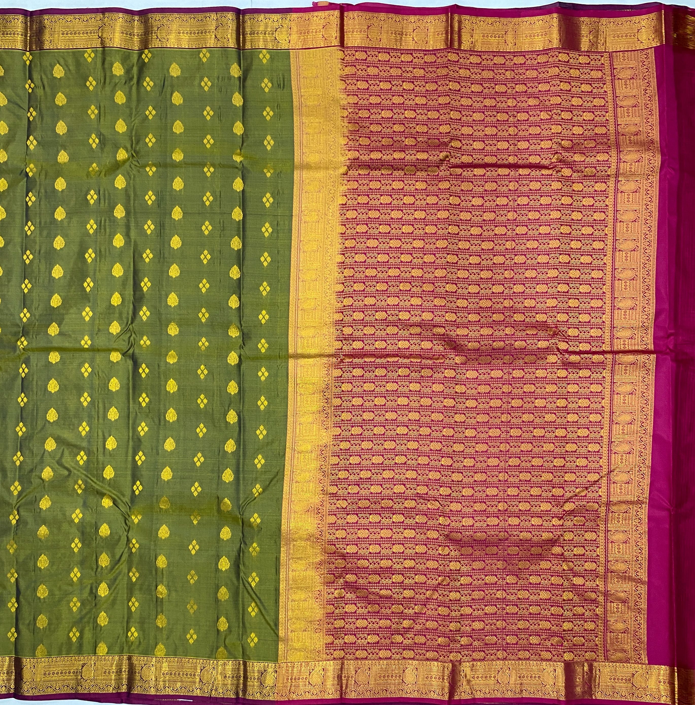 Light Military Green Traditional Silk Saree With Magenta Pink Blouse & Body Butta Pattern