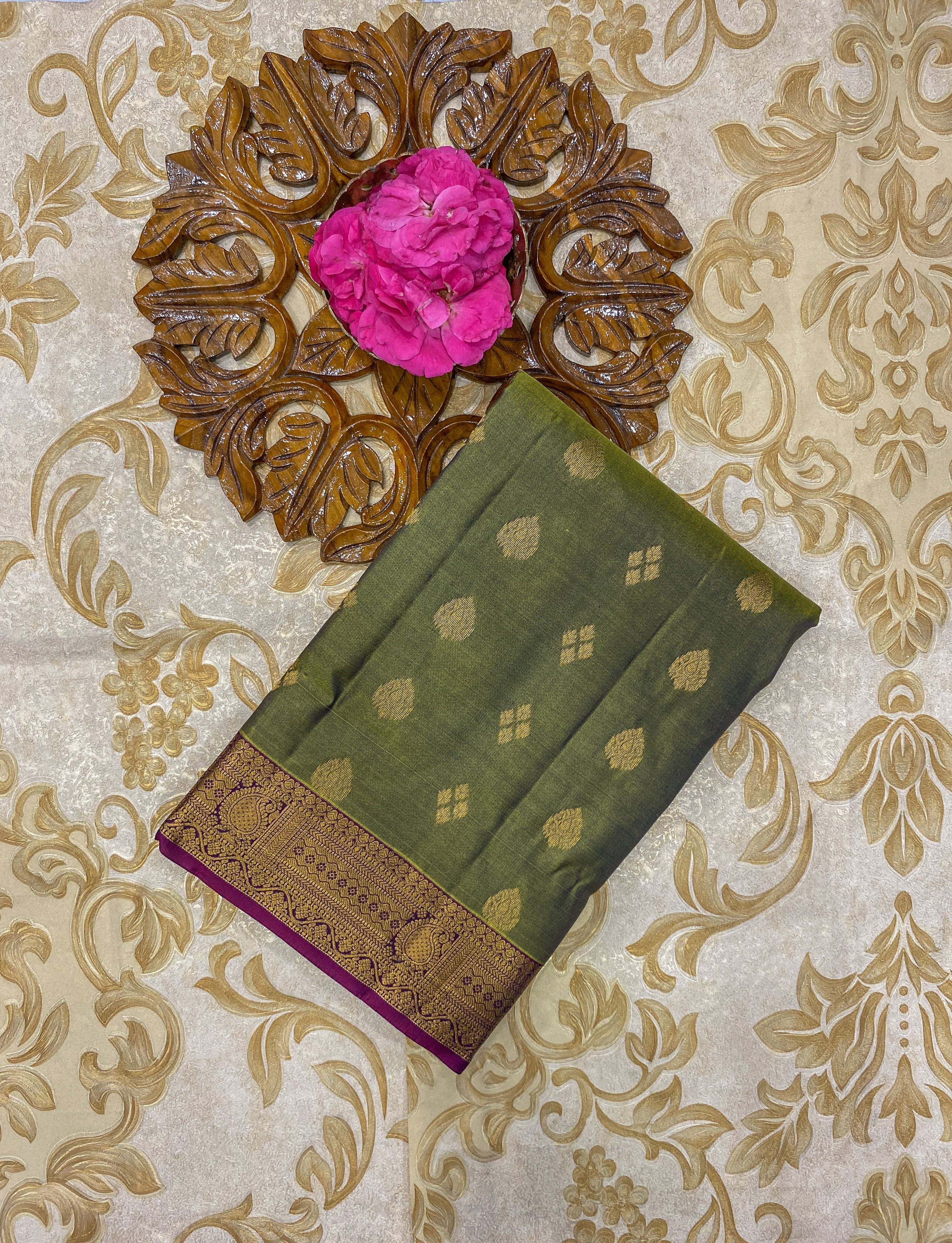 Light Military Green Traditional Silk Saree With Magenta Pink Blouse & Body Butta Pattern
