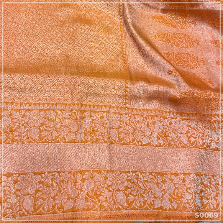 Sadanas Light Orange Semi Banarasi Saree from Sri Arya Silks, Chennai